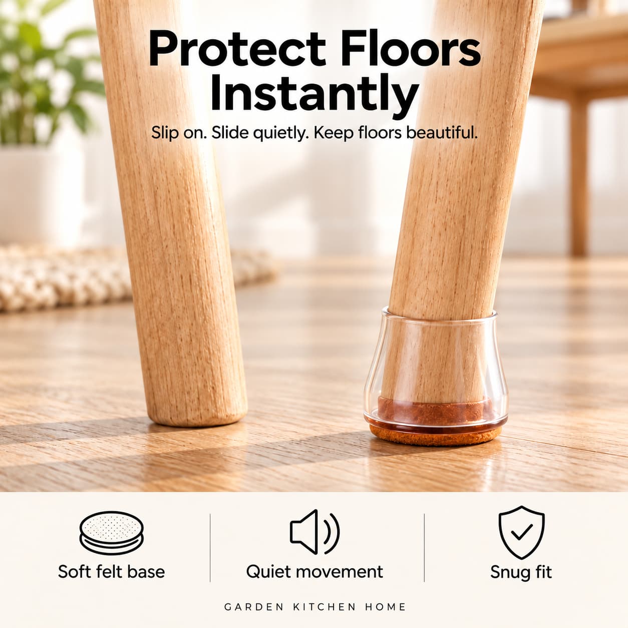 Clear Chair Shoes on an oak chair leg