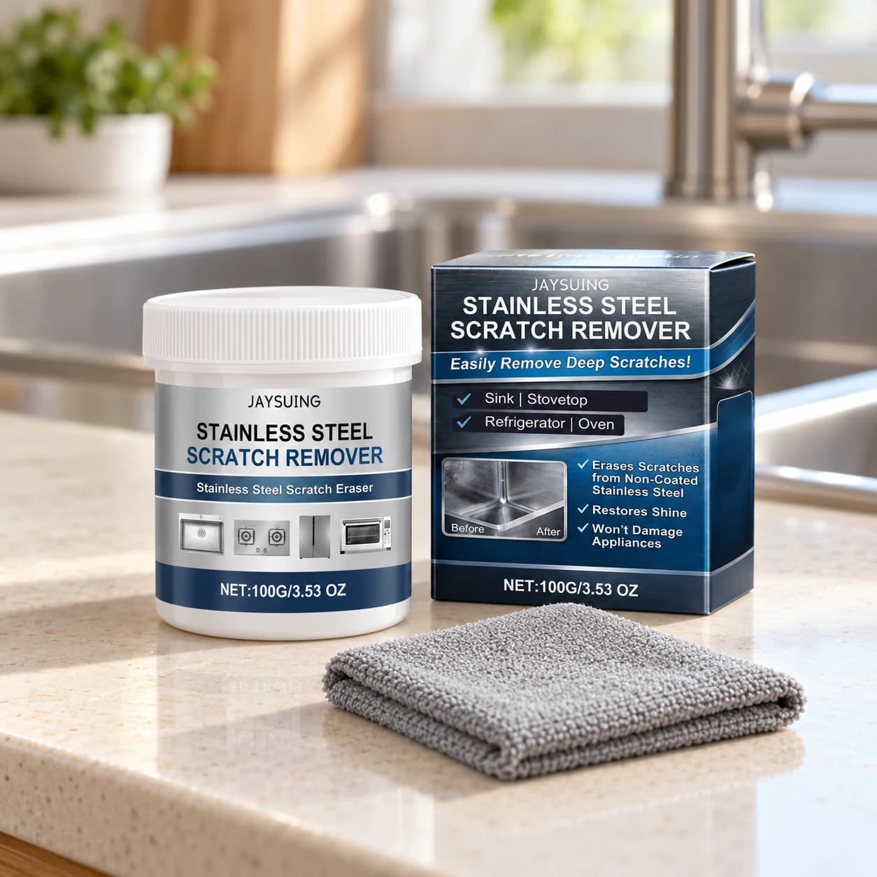 100g stainless steel scratch-remover jar, retail box and one grey cloth
