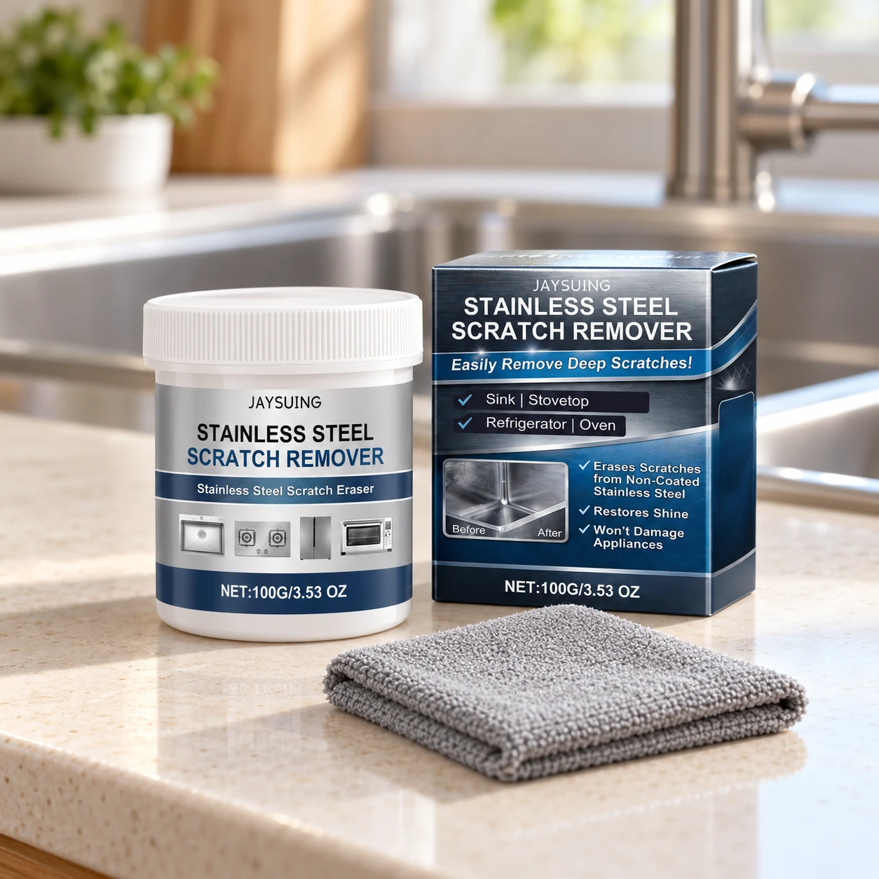 100g stainless steel scratch-remover jar, retail box and one grey cloth